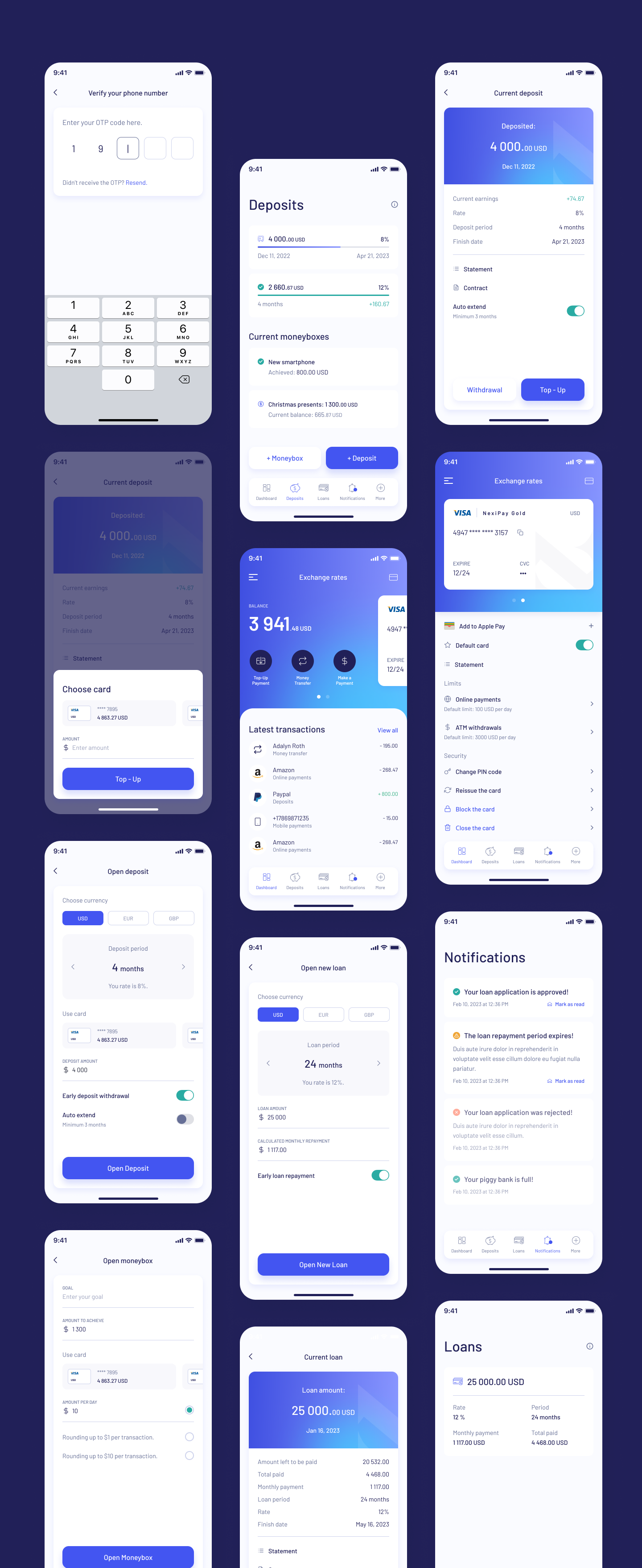 Exhaustive high-fidelity screen catalog displaying the dark blue app headers, massive tabular typography, vividly distinct card boundaries, and the clean progress indicators within the specific deposits section.