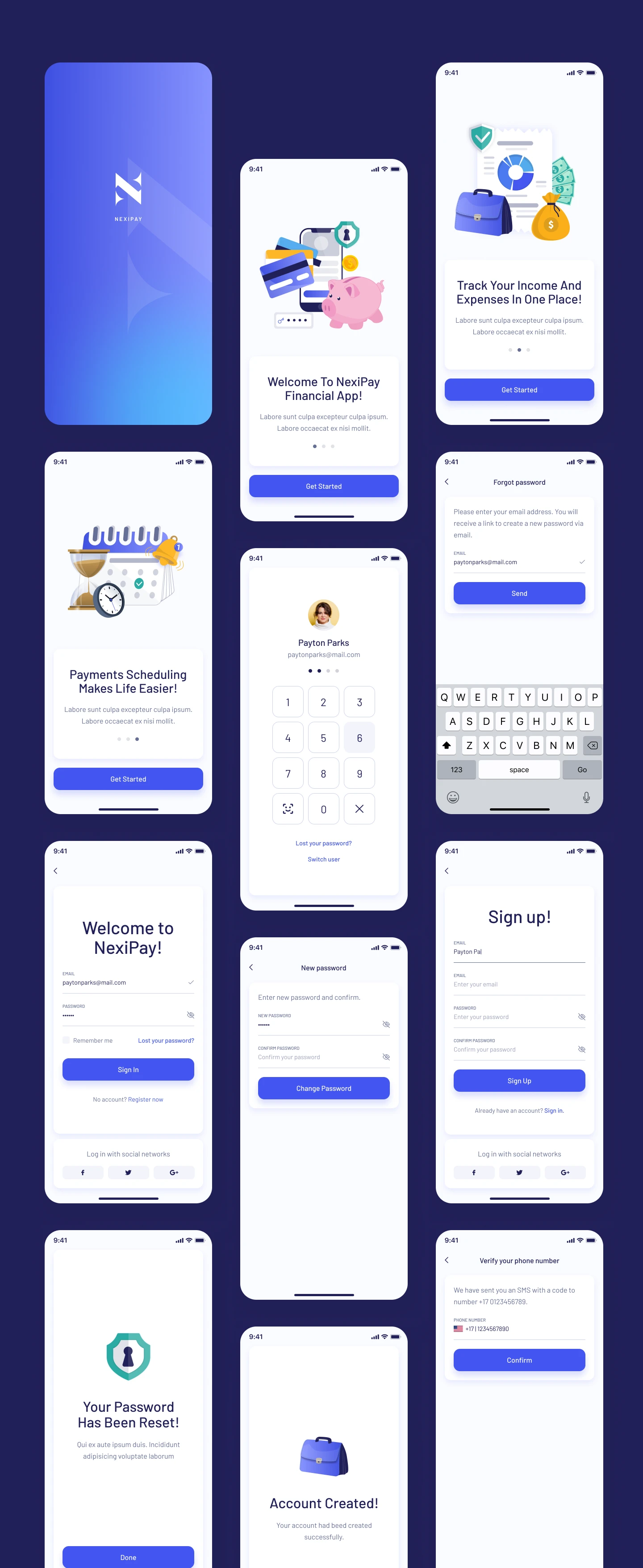 High-fidelity mockups showing the overarching architecture of the Nexi Pay financial application, including the main dashboard, onboarding, and tracking interfaces.